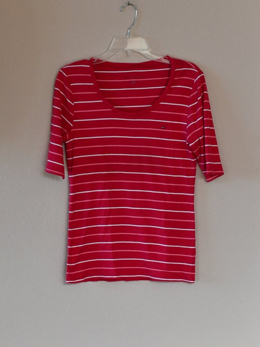 Tommy Hilfiger Womens Pink Striped Crew Neck Tee Embroidered Flag SS Size L